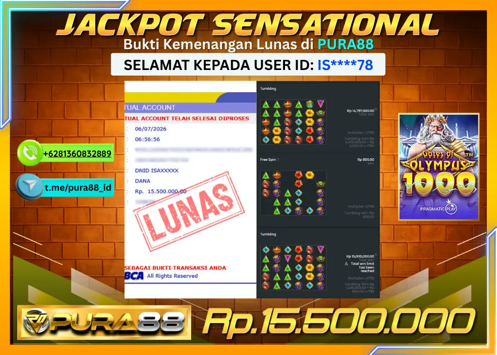 PURA88 JACKPOT GATES OF OLYMPUS 1000 Rp 15.500.000,- LUNAS